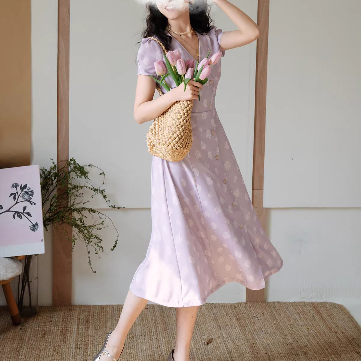 白藤の花模様レトロワンピース