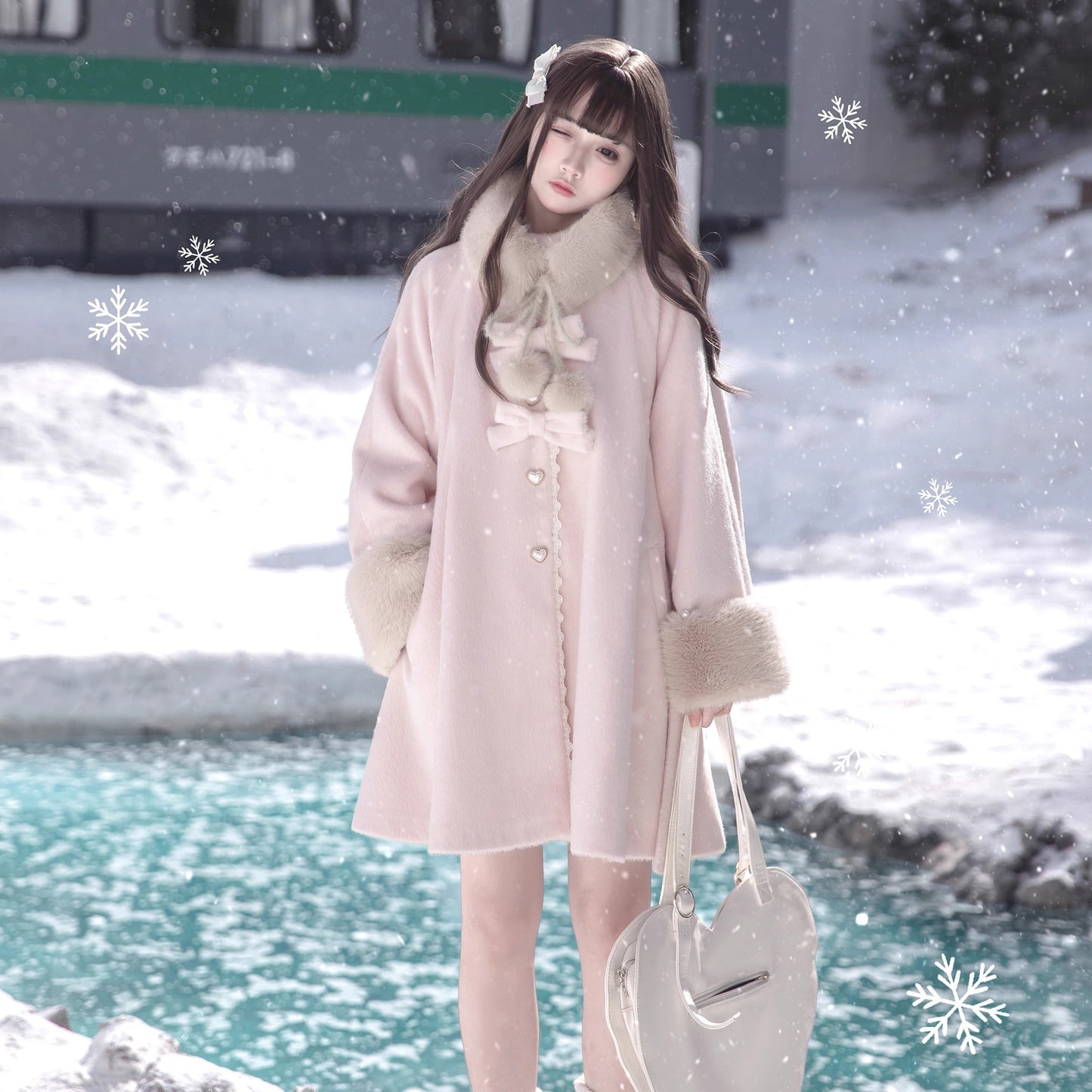 桜色のお嬢様のリボンファーウールコート