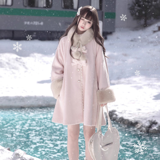 桜色のお嬢様のリボンファーウールコート