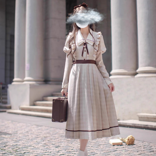 英国のお嬢様の格子柄クラシカルワンピース