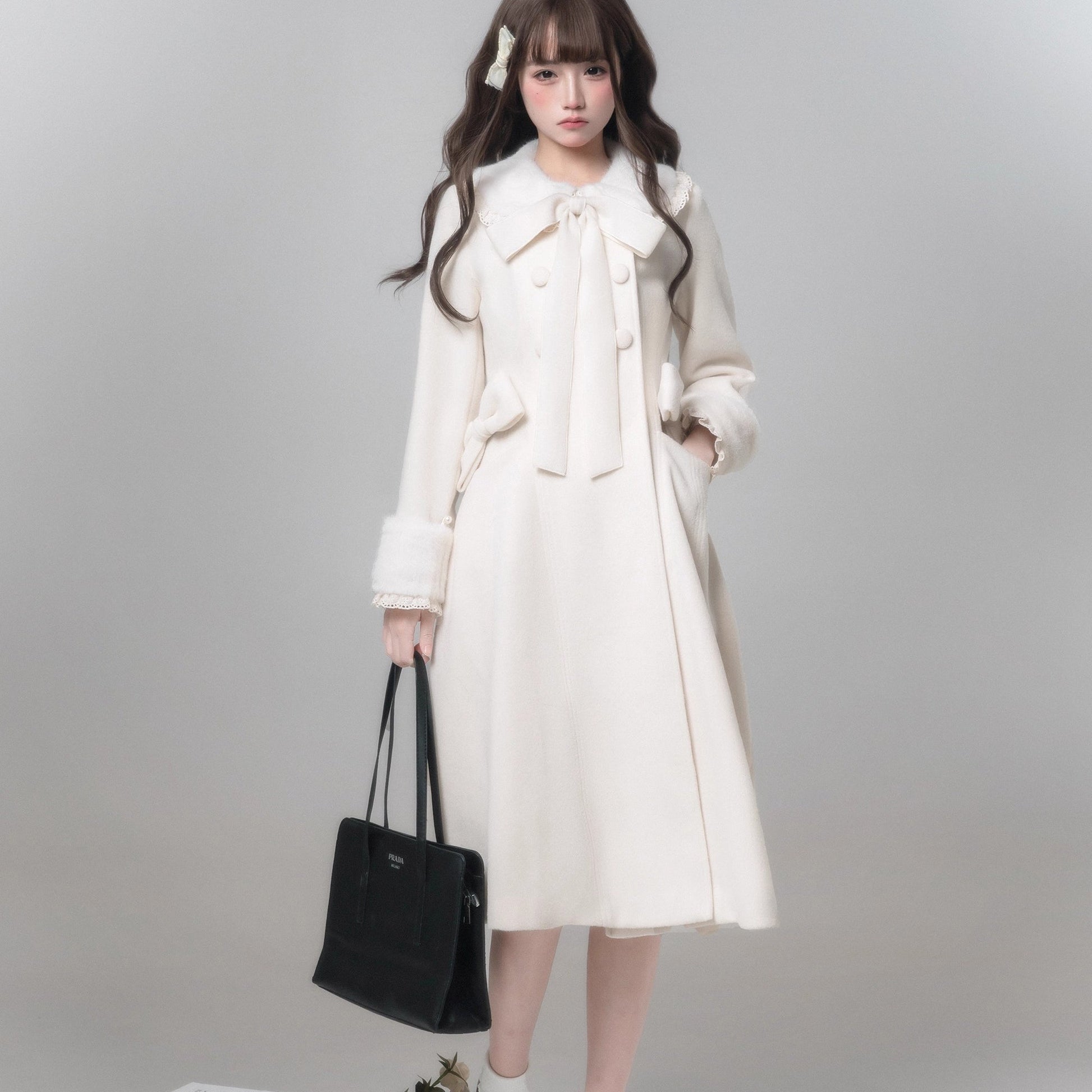 白雪のお嬢様のリボンウールコート