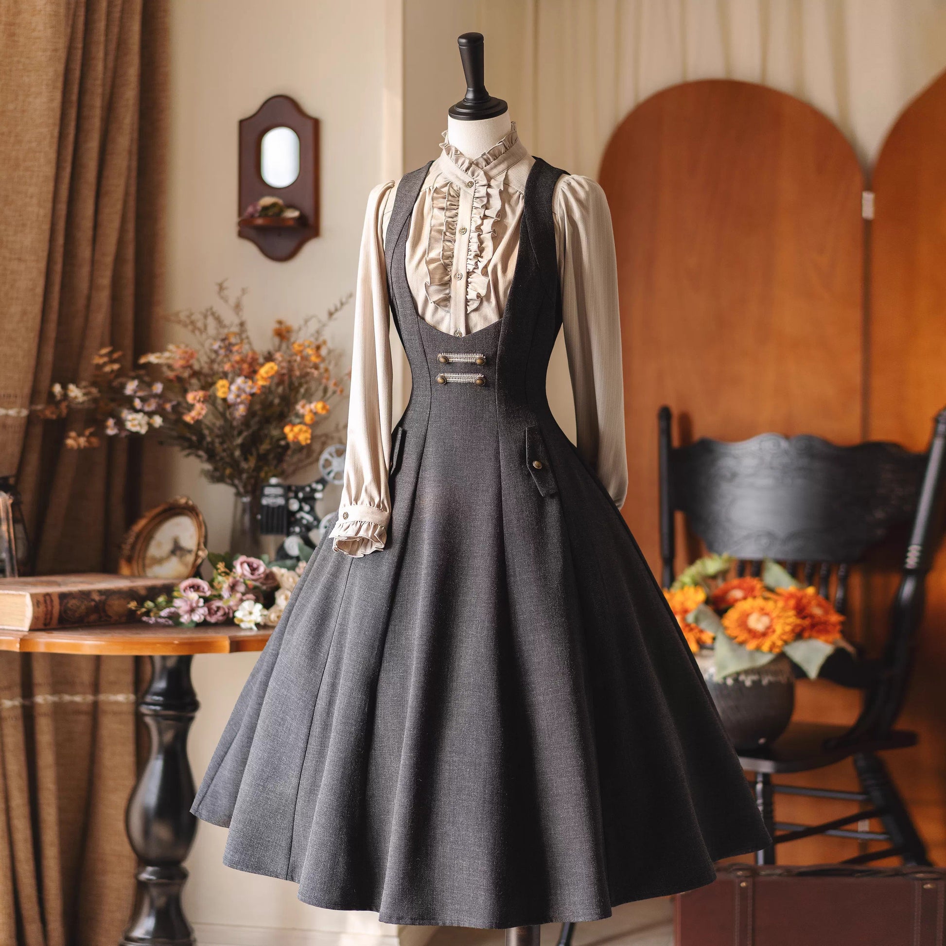 英国のお嬢様のクラシックジャンパースカート - Dark Gray