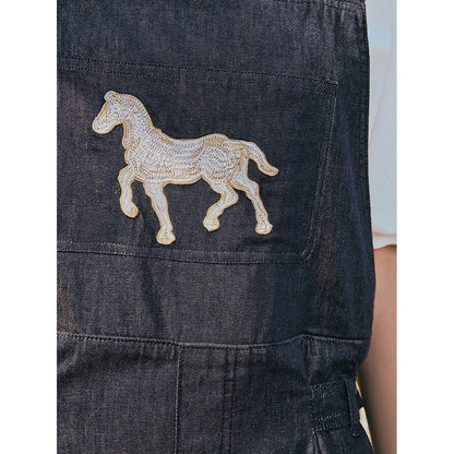 馬の石膏像の刺繍デニムサロペットパンツ