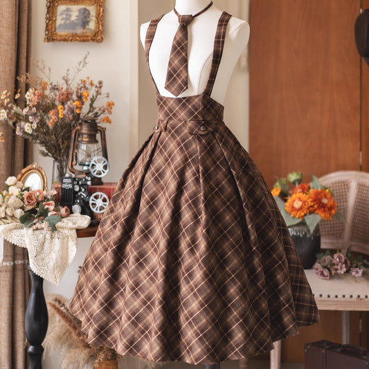 英国のお嬢様のクラシカルジャンパースカート - Brown Checked
