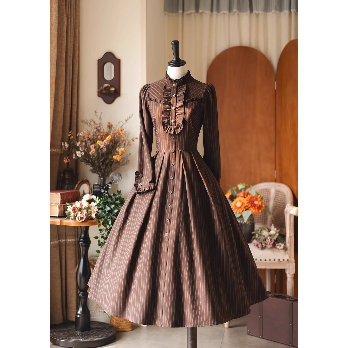 英国のお嬢様のクラシカルストライプワンピース - Brown
