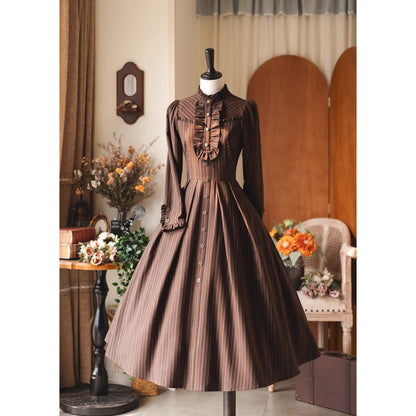 英国のお嬢様のクラシカルストライプワンピース - Brown