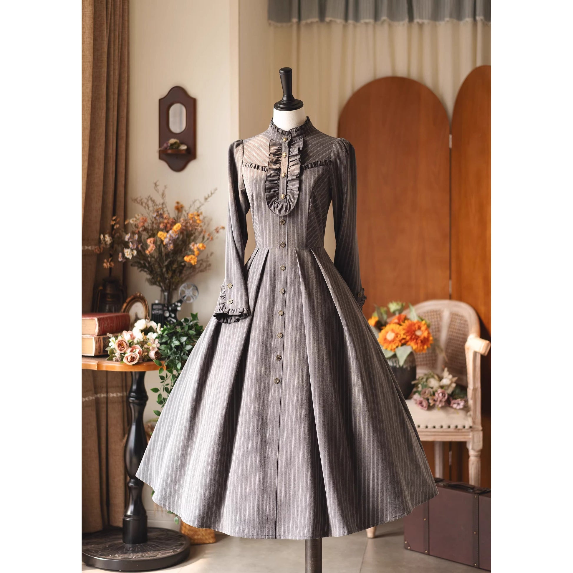 英国のお嬢様のクラシカルストライプワンピース - Gray