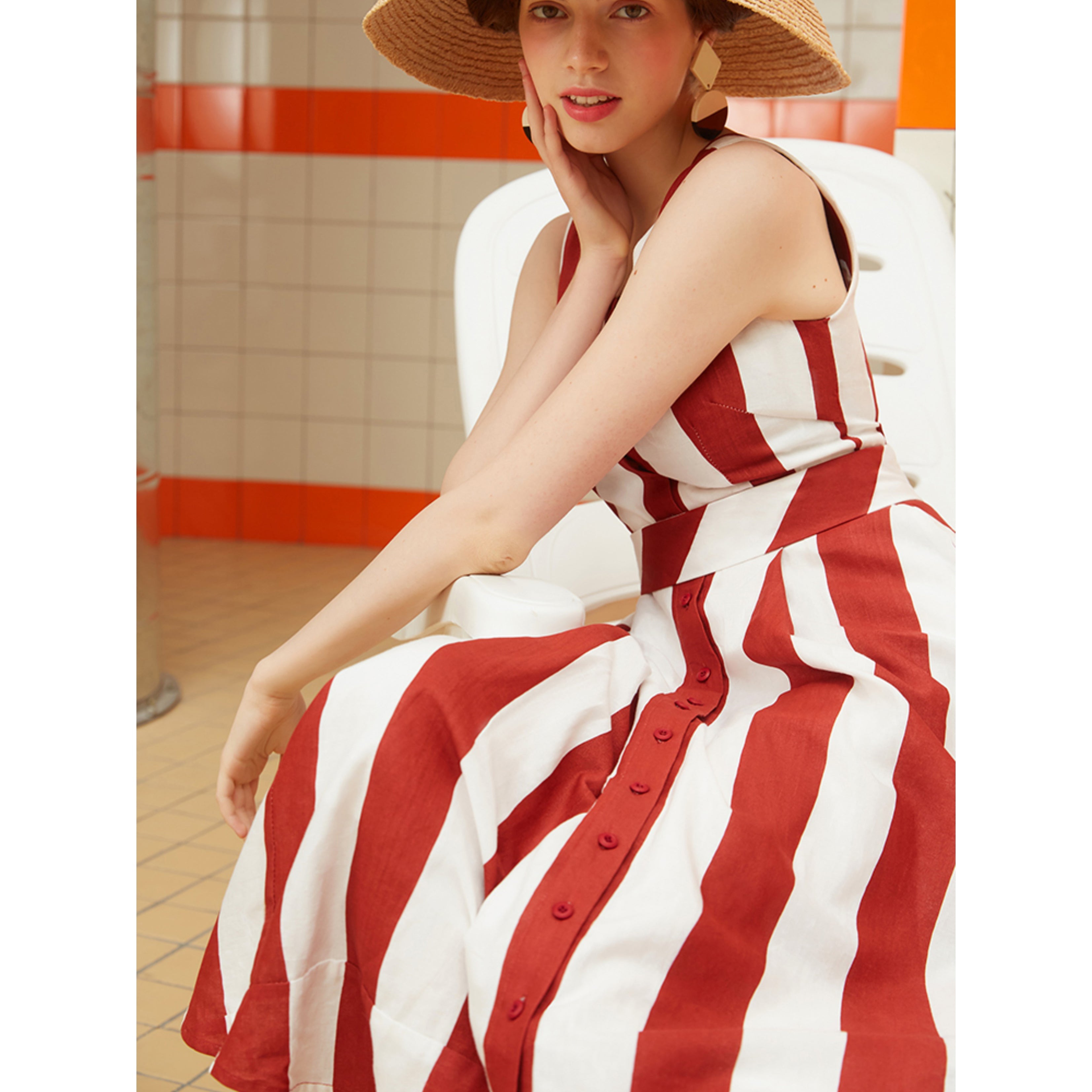 Movie actress vertical striped dress