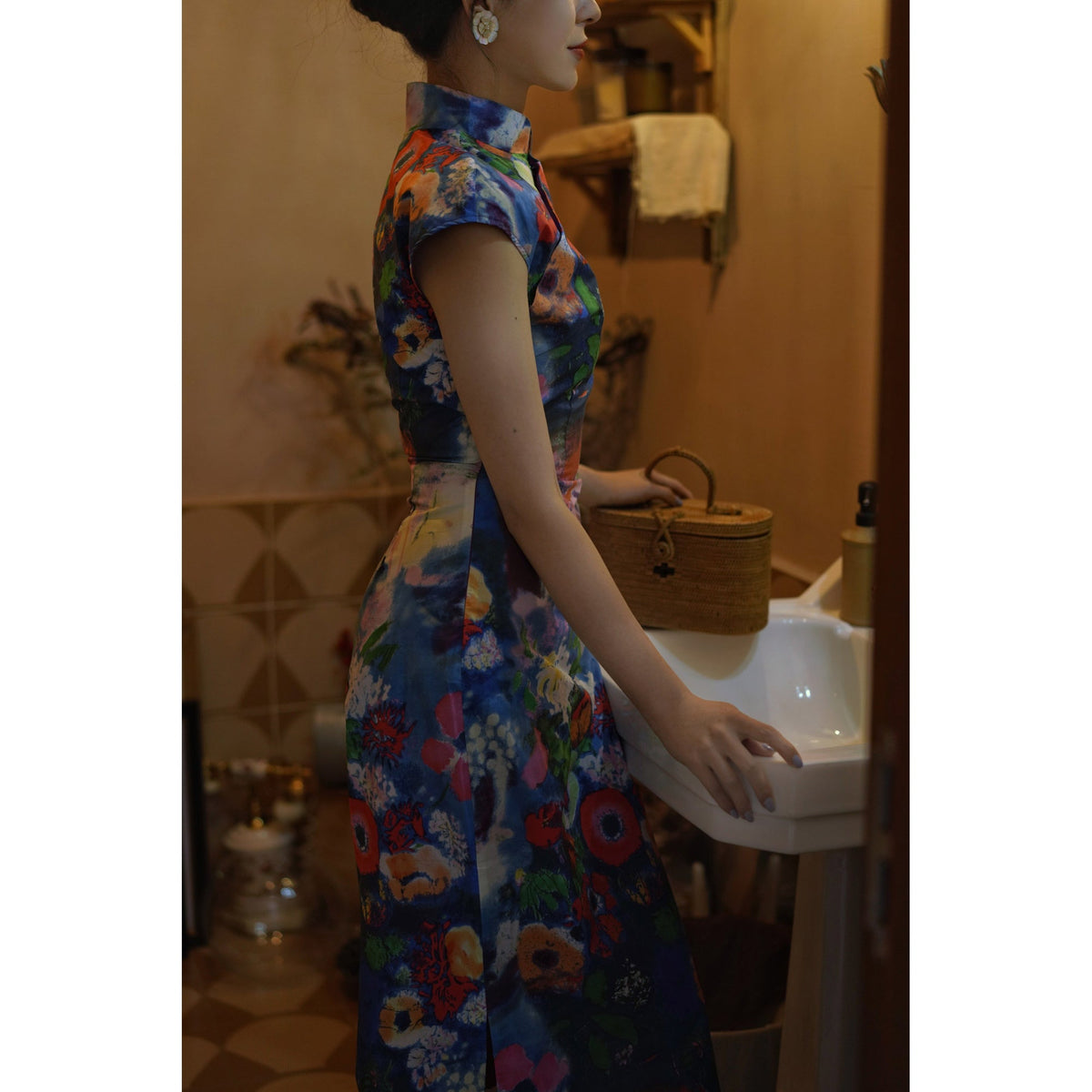 朝顔の油彩画チャイナワンピース