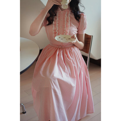 桜色の格子柄ヘップバーンワンピース