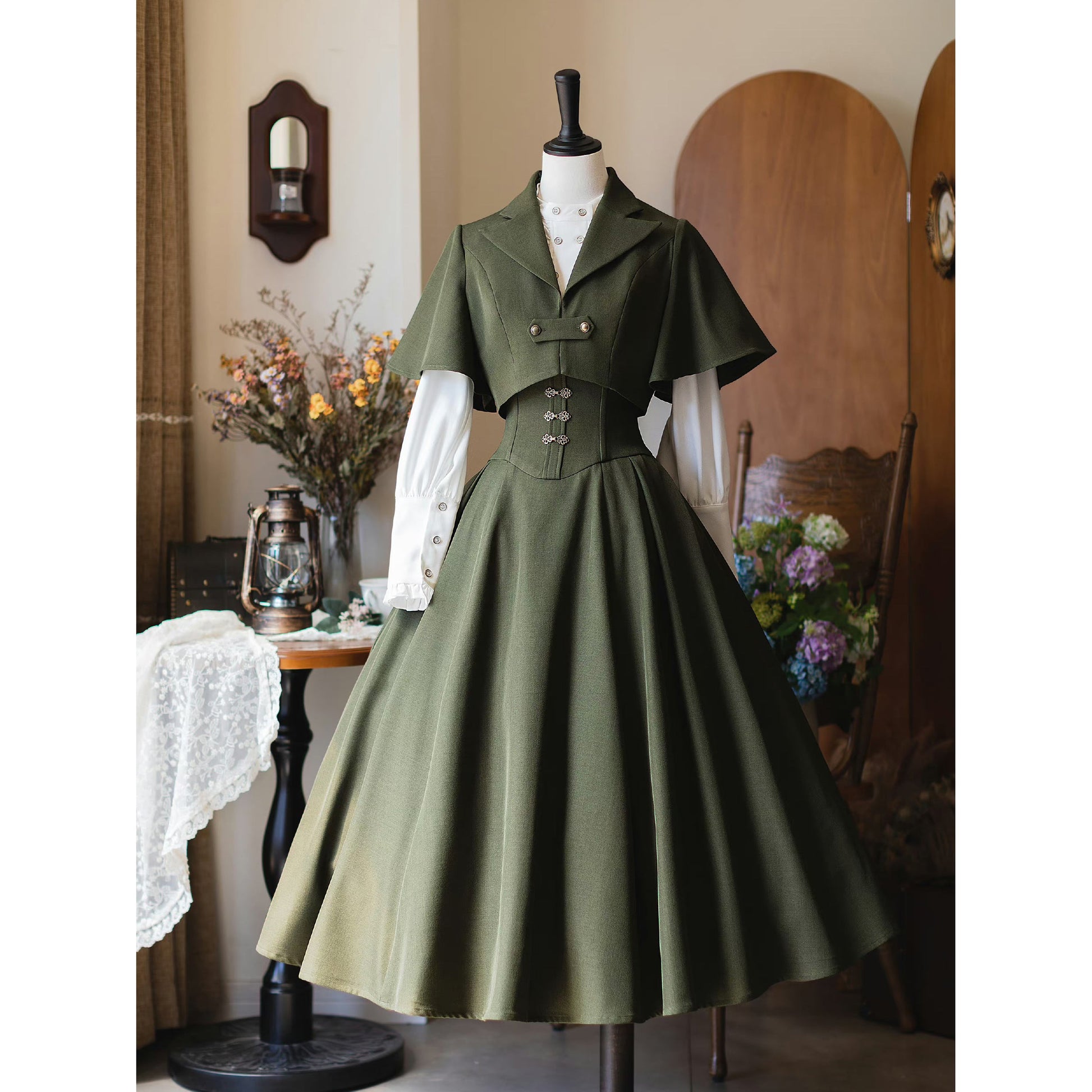 英国のお嬢様のクラシカルジャンパースカート - ロング丈（モスグリーン）