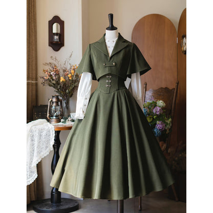 英国のお嬢様のクラシカルジャンパースカート - ロング丈（モスグリーン）