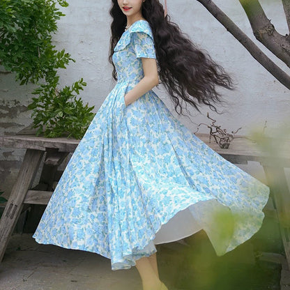 水縹の薔薇柄レトロワンピース