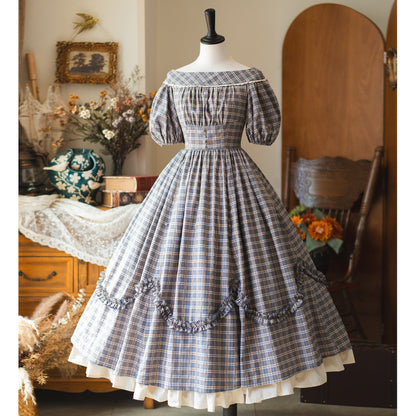 英国のお嬢様の格子柄レトロワンピース - Gray Navy