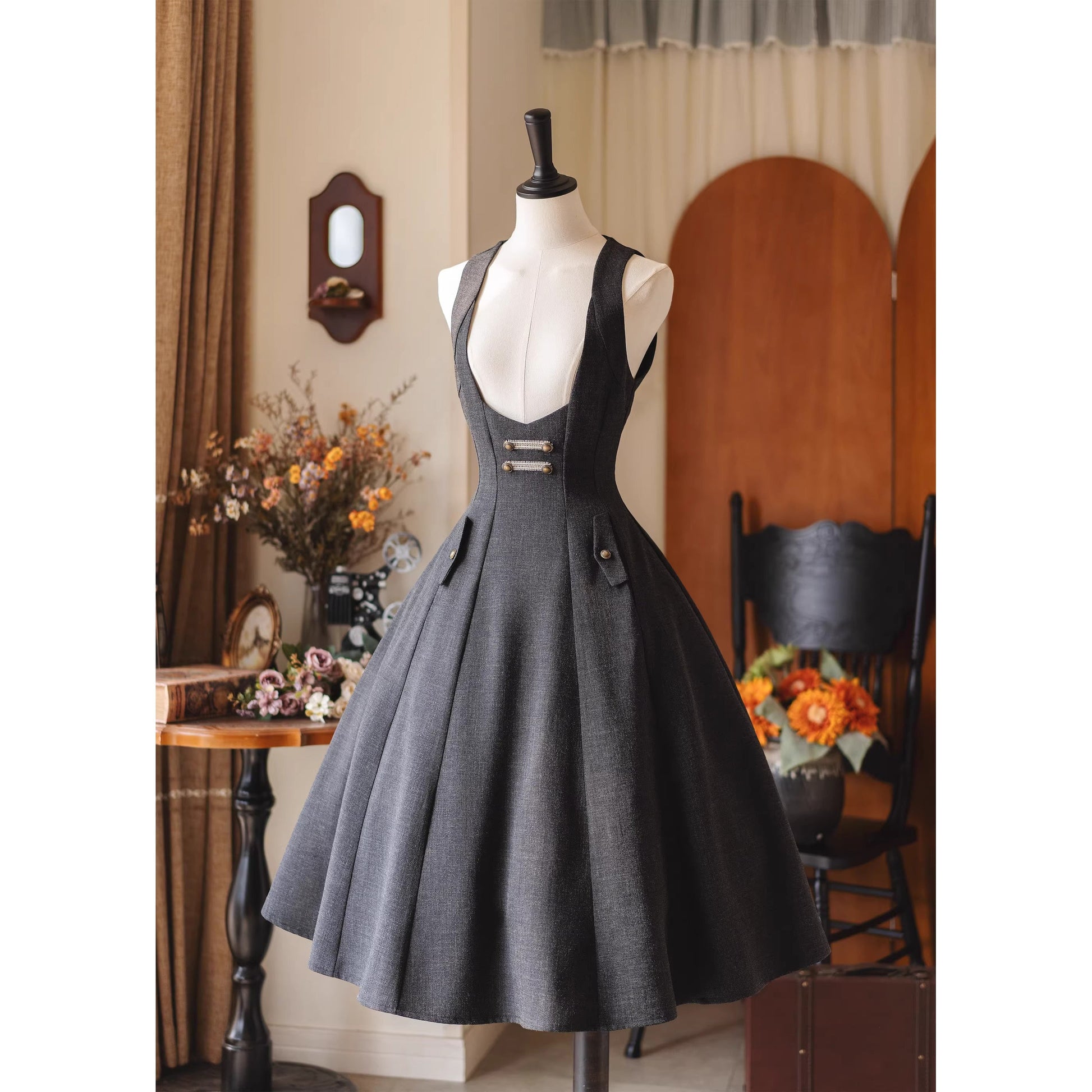 英国のお嬢様のクラシックジャンパースカート - Dark Gray