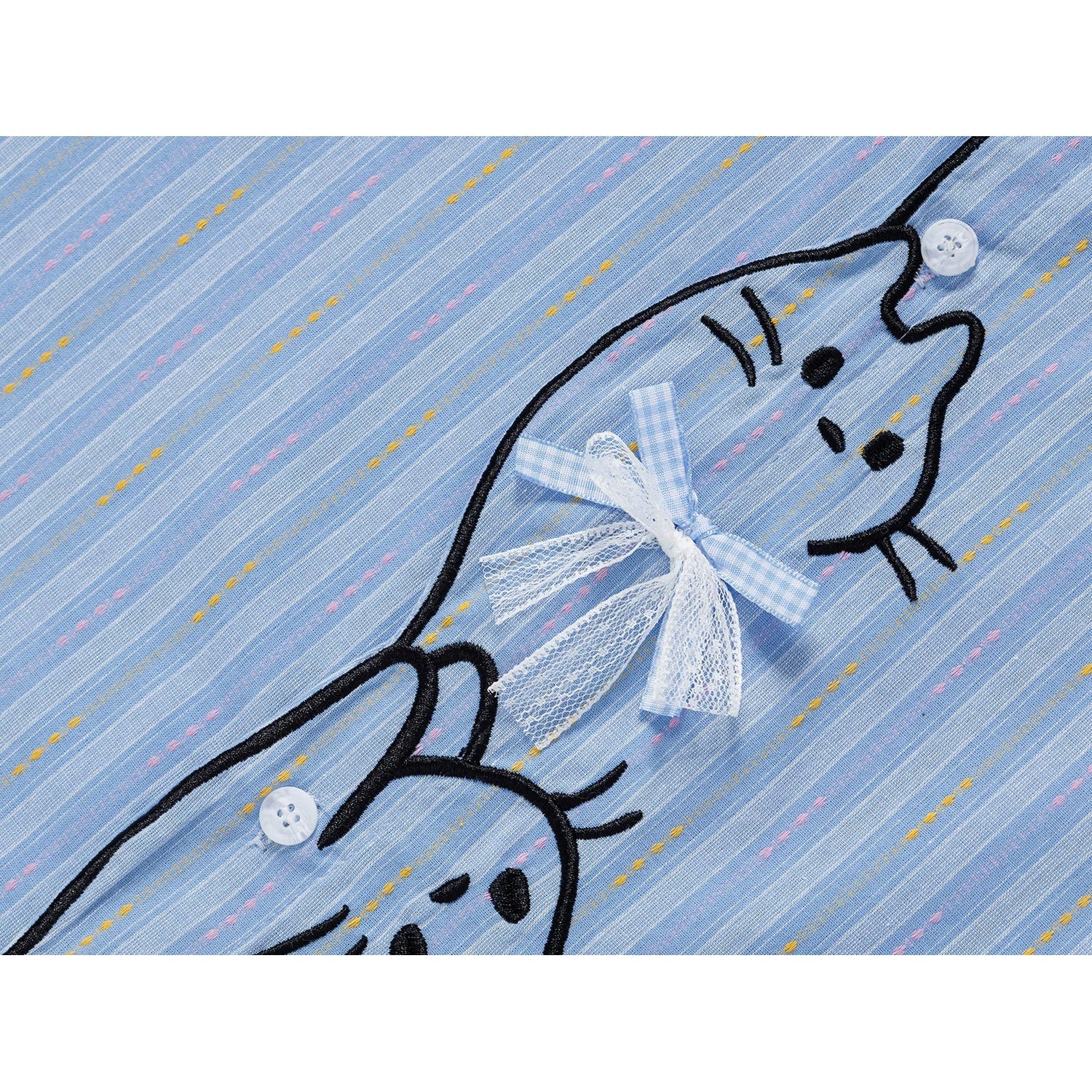 子猫の刺繍リボンシャツ - Salvia Blue