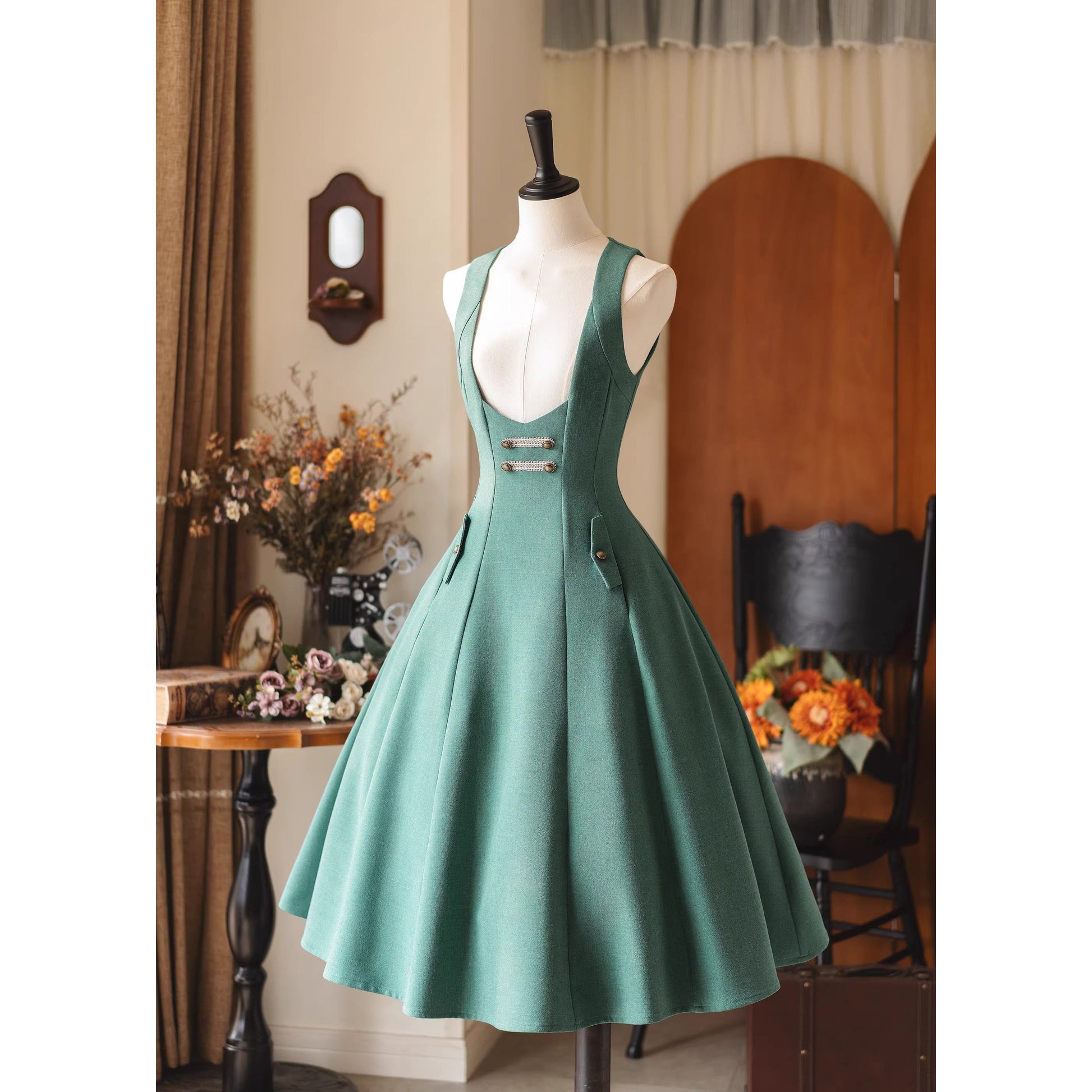 英国のお嬢様のクラシックジャンパースカート - Forest Green