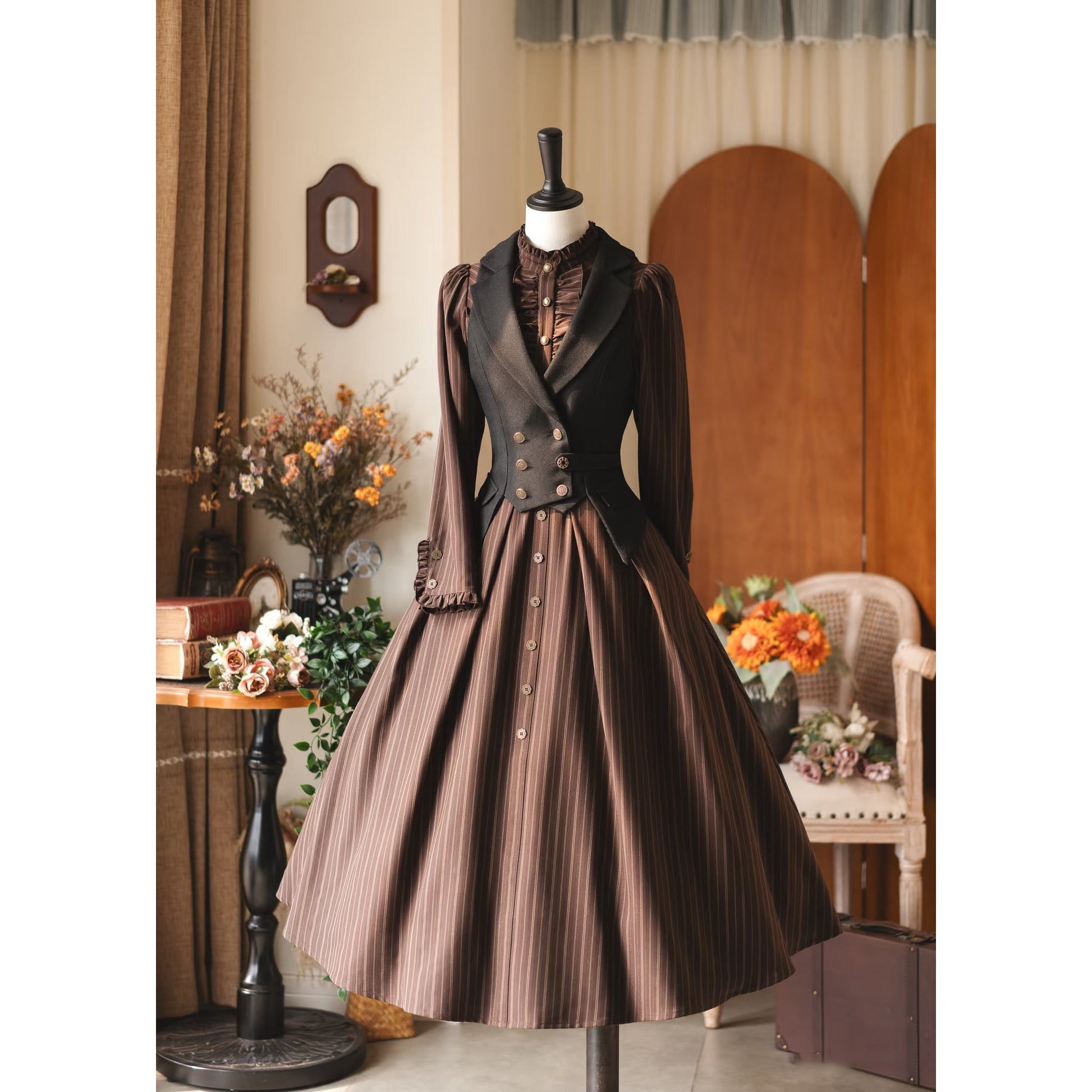 英国のお嬢様のクラシカルストライプワンピース - Brown