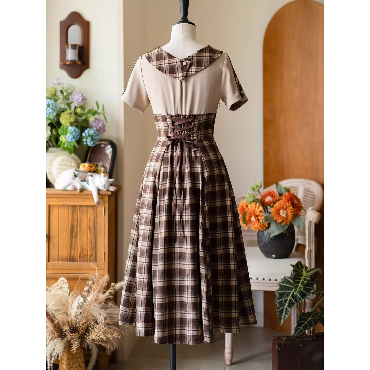 英国令嬢のレトロチェックワンピース - Dark Brown