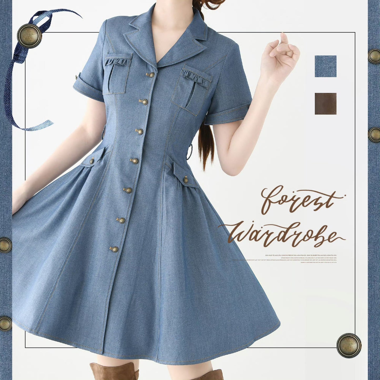 英国のお嬢様のデニムワンピース - Short Sleeves