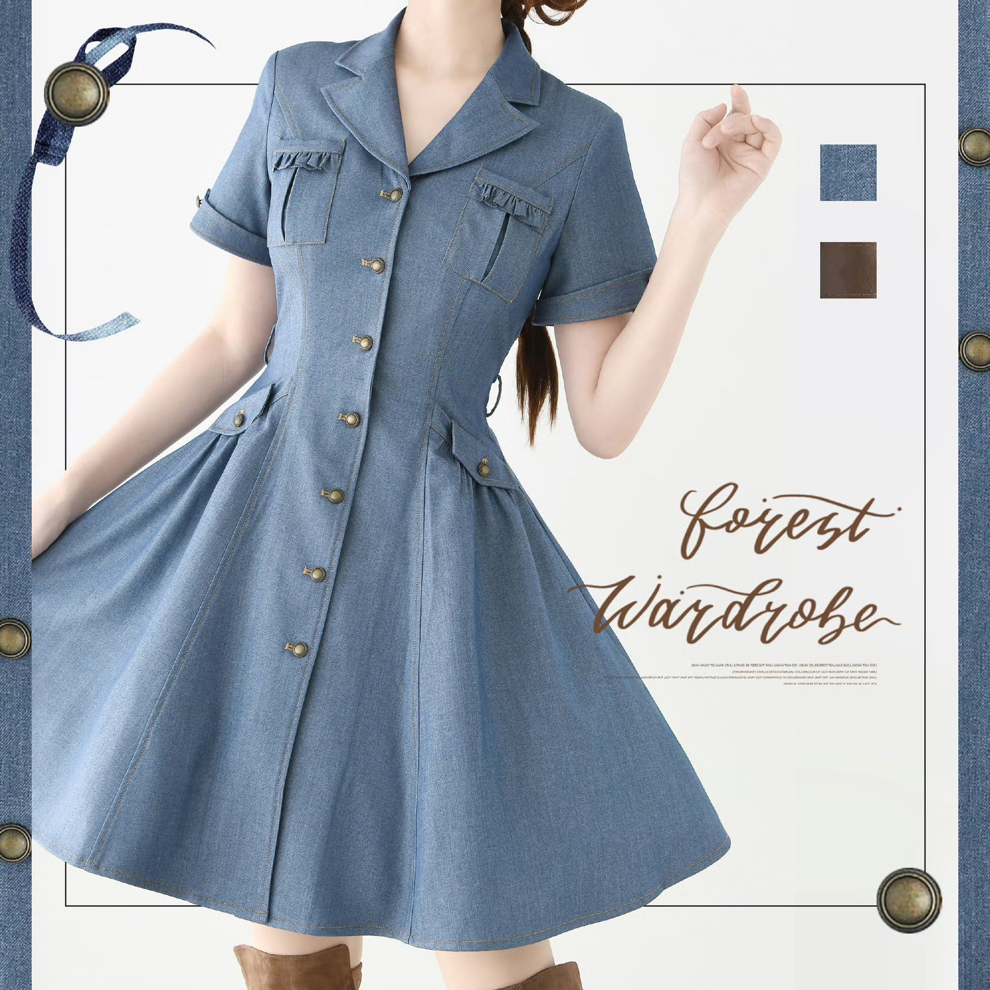 英国のお嬢様のデニムワンピース - Short Sleeves