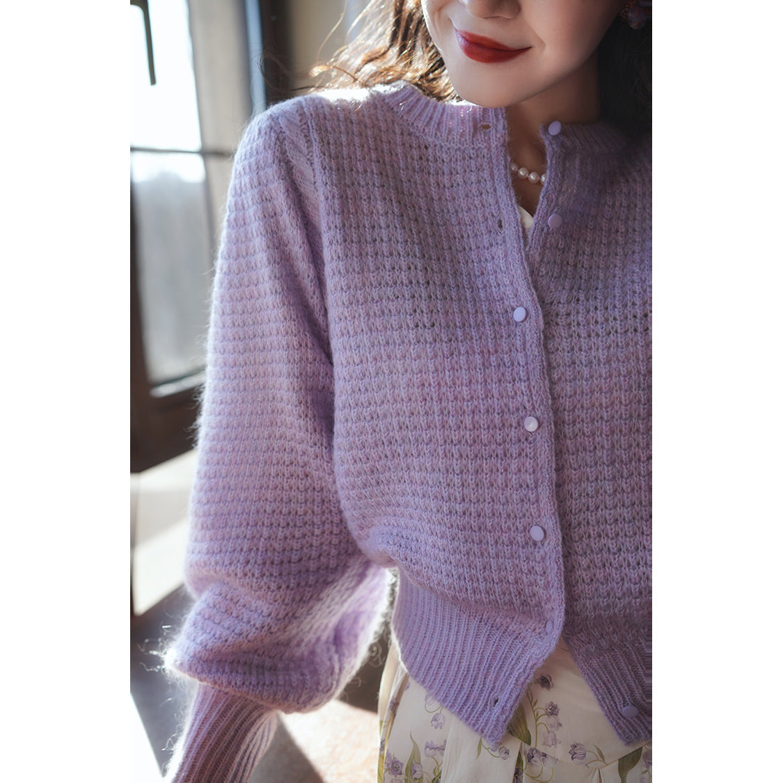 透かし編みのニットカーディガン - Purple