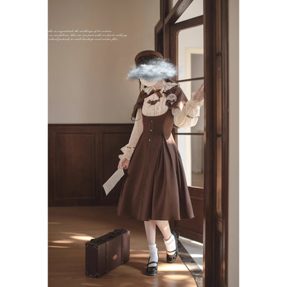 英国令嬢のクラシカルドッキングワンピースとケープ - Brown