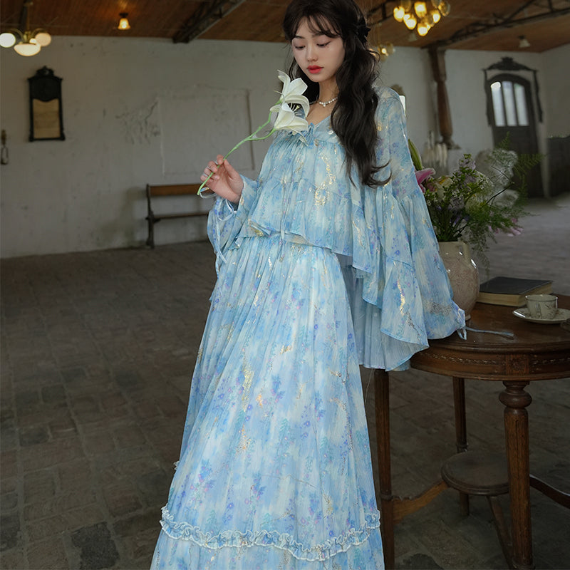 藤の花の水彩画ブラウスとロングスカート