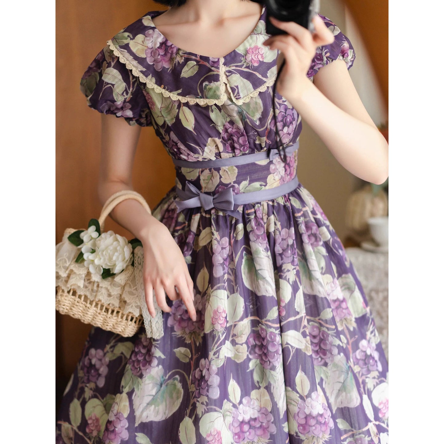 紫葡萄の水彩画コルセットワンピース - Purple