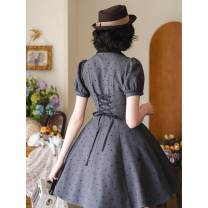 映画女優の水玉柄クラシカルワンピース - Slate Gray