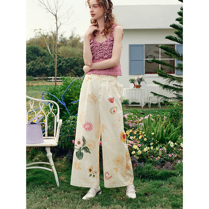 向日葵の花の描画ワイドパンツ