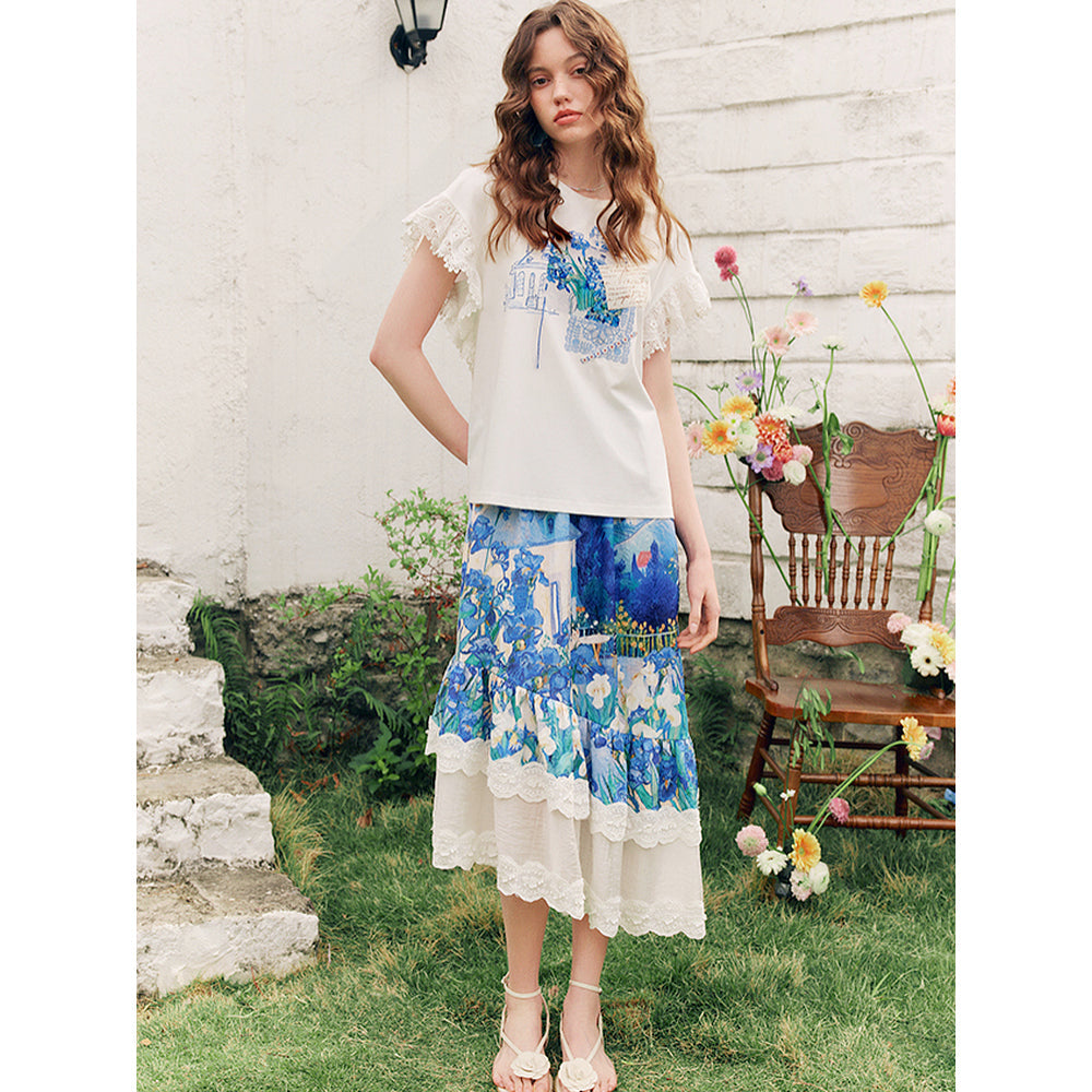 アイリスのある花瓶のレースTシャツ