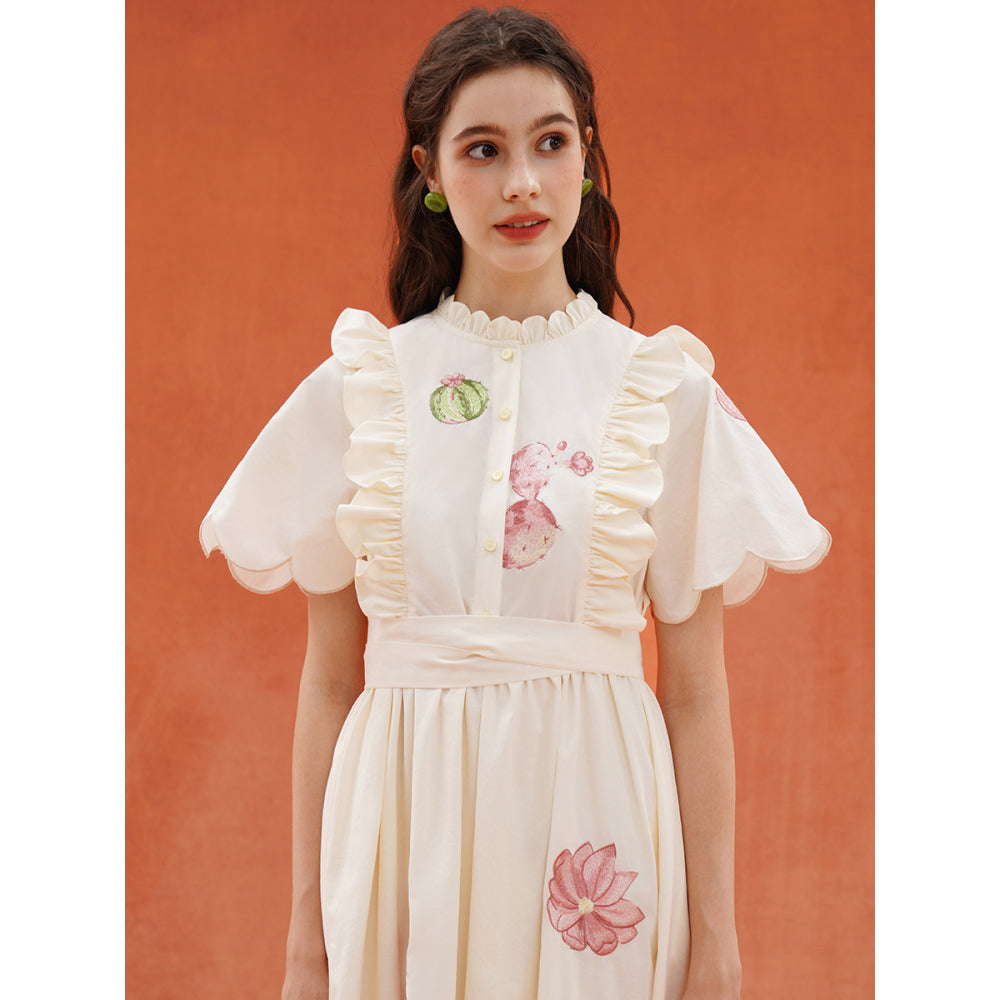 サボテンと花の刺繍レトロワンピース