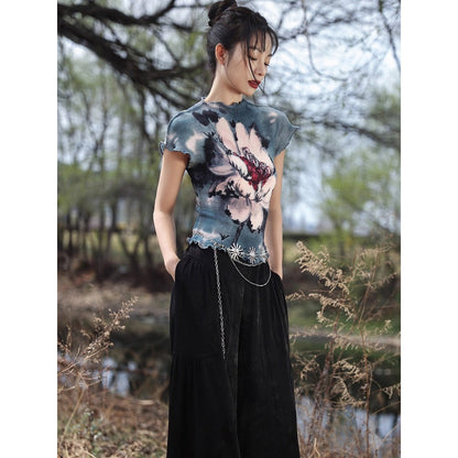 牡丹の花の墨彩画ハイネックトップス