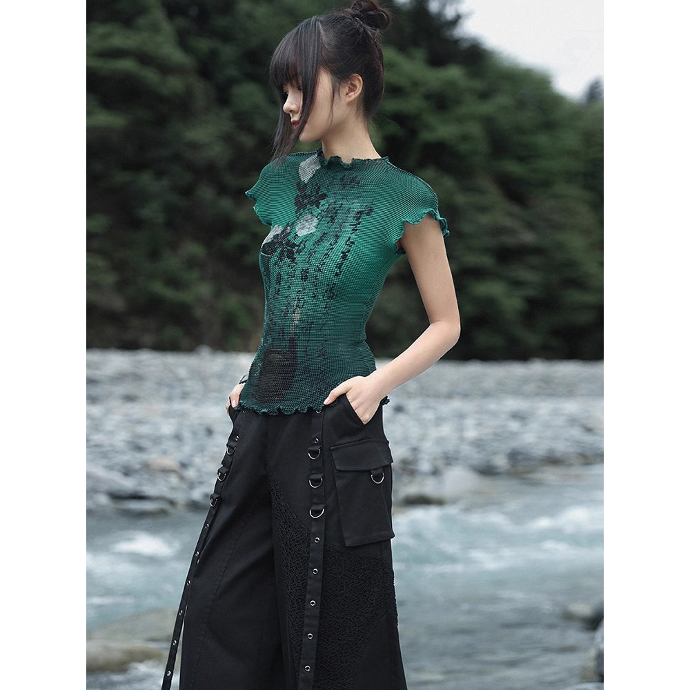 詩句と花絵画ハイネックトップス