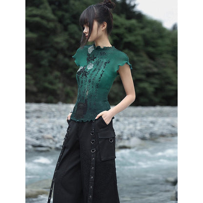 詩句と花絵画ハイネックトップス