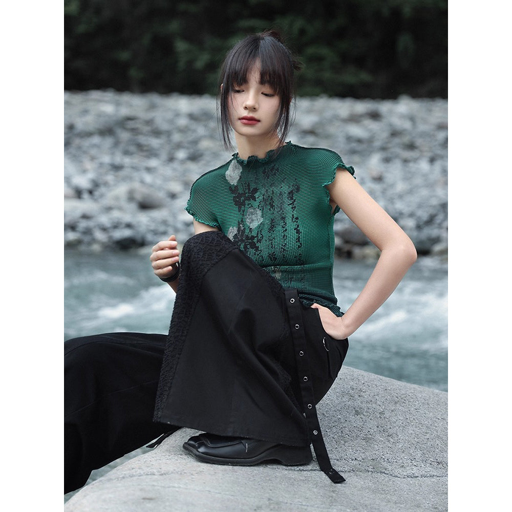 詩句と花絵画ハイネックトップス