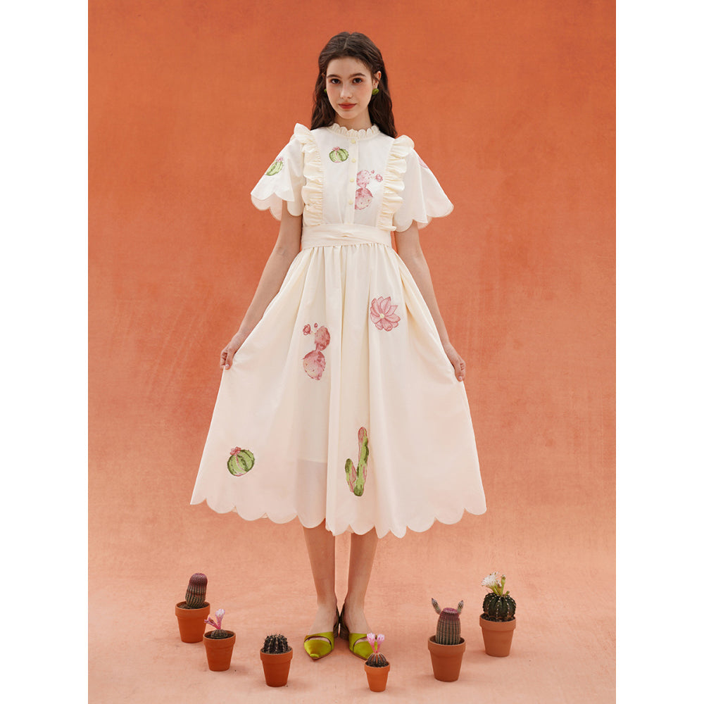 サボテンと花の刺繍レトロワンピース