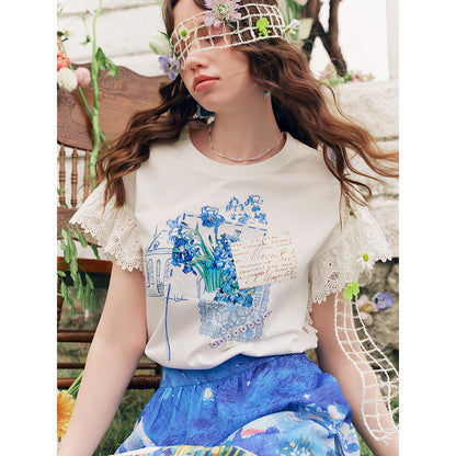 アイリスのある花瓶のレースTシャツ