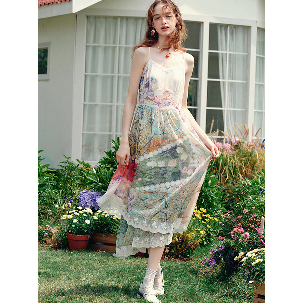 花咲く桃の木と野薔薇のキャミソールワンピース