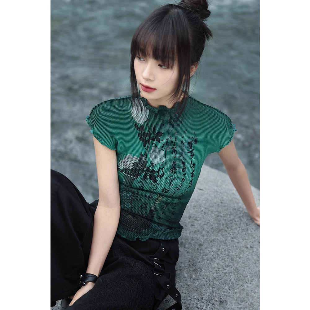 詩句と花絵画ハイネックトップス