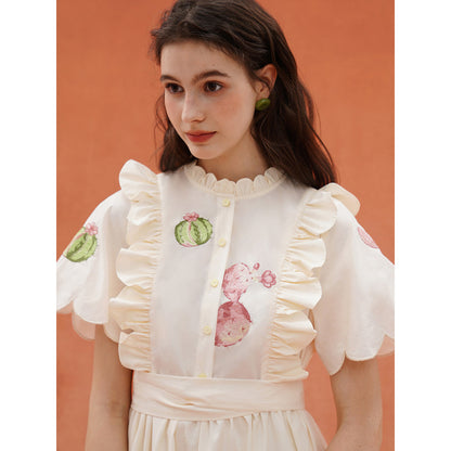 サボテンと花の刺繍レトロワンピース