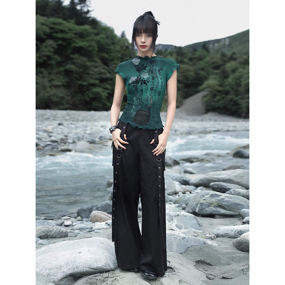 詩句と花絵画ハイネックトップス