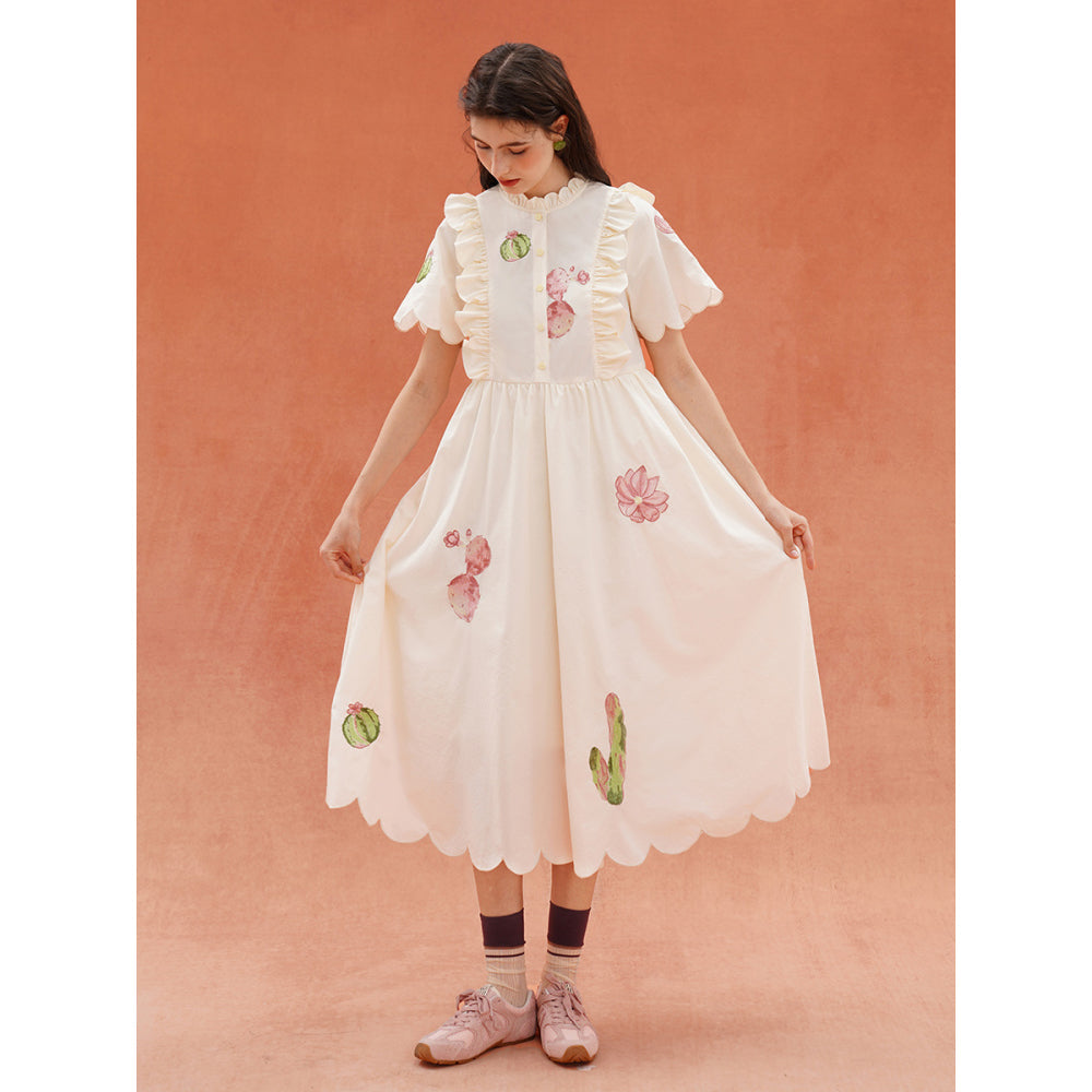 サボテンと花の刺繍レトロワンピース