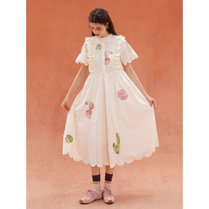 サボテンと花の刺繍レトロワンピース