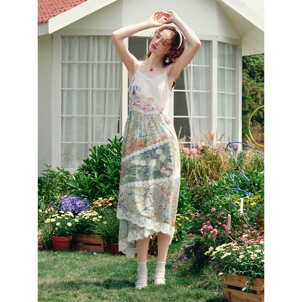 花咲く桃の木と野薔薇のキャミソールワンピース