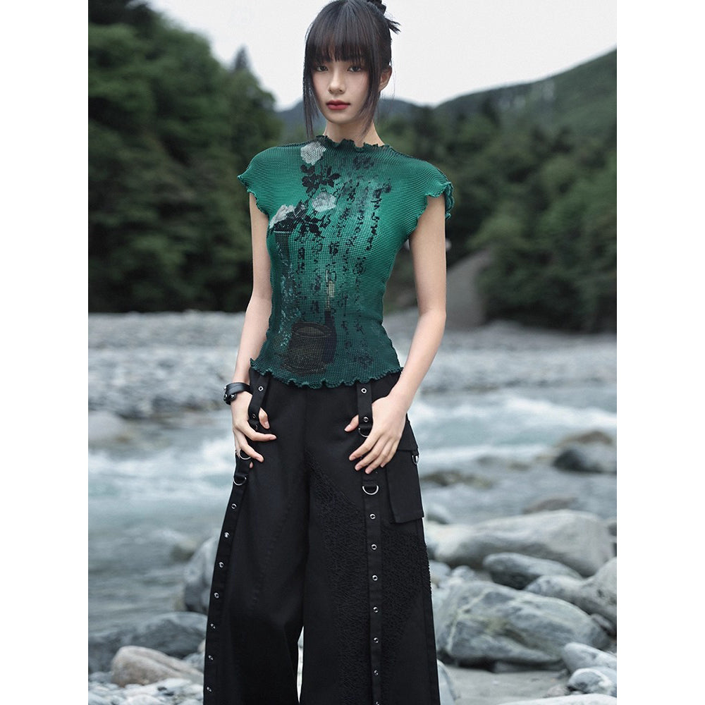 詩句と花絵画ハイネックトップス