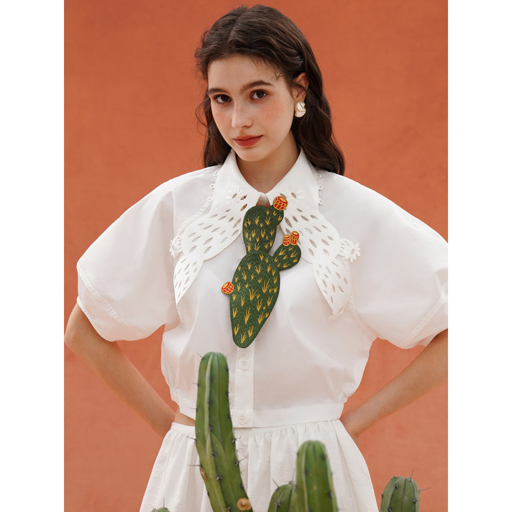 サボテンと花の刺繍ネクタイ - Dark Green