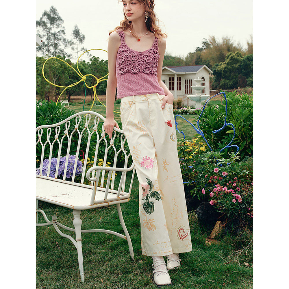 向日葵の花の描画ワイドパンツ