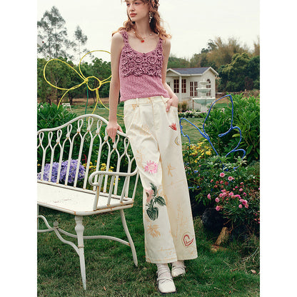 向日葵の花の描画ワイドパンツ